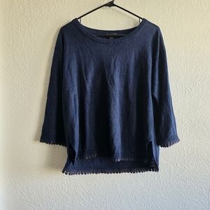 J. Crew Navy Crochet-Trim Boxy Pullover With Pom Pom Hem
